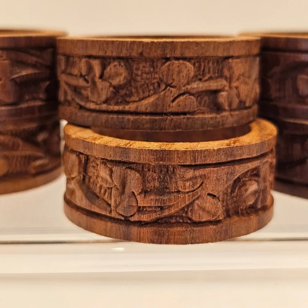 Vintage Hand Carved Wood Napkin Rings Set of 7 Floral Brown Rustic Boho Decor